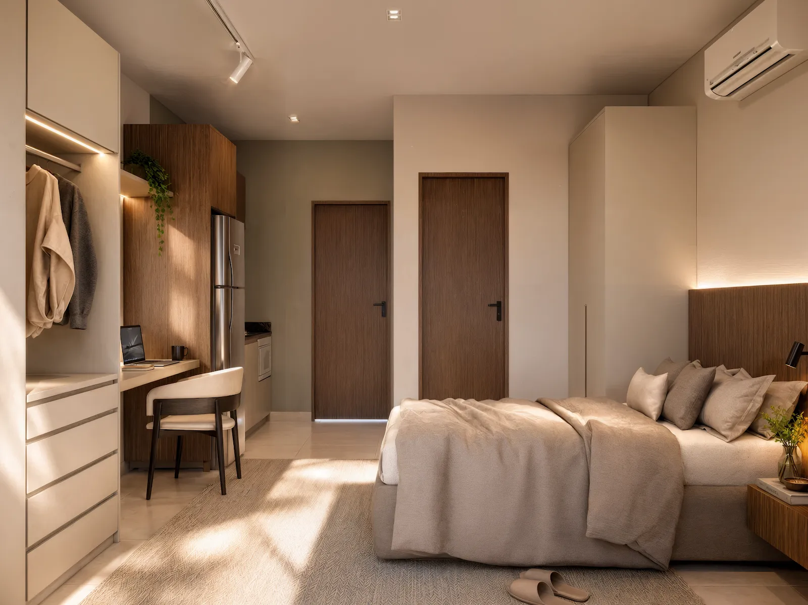 Studio Stay Tibery com cama, bancada de trabalho, armários e iluminação indireta