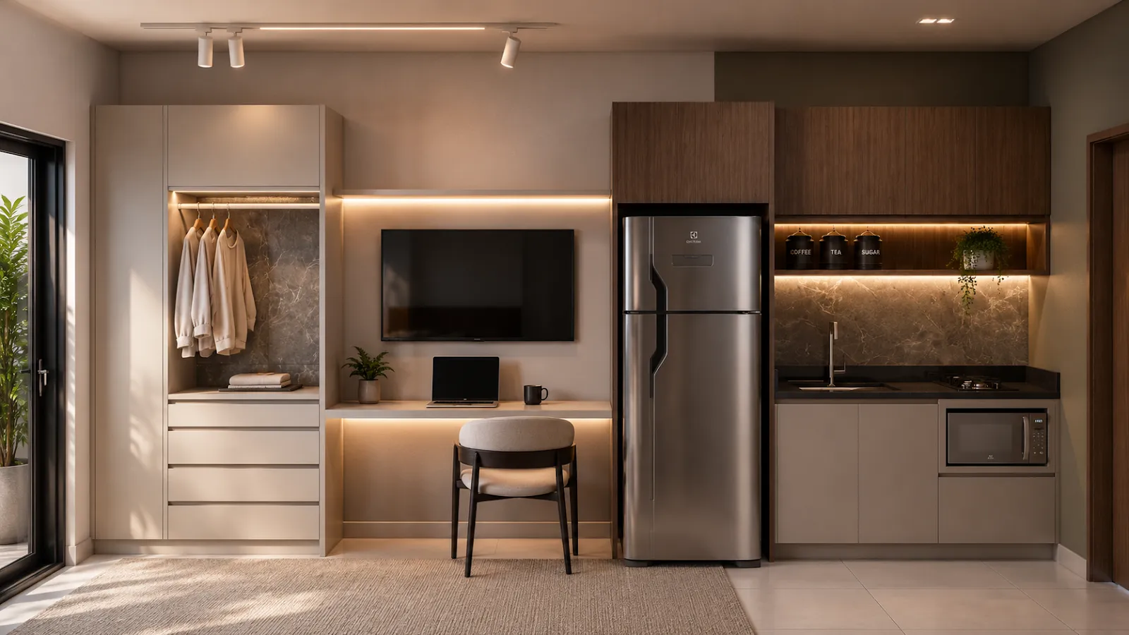 Studio Stay Tibery com cozinha compacta, televisão, bancada e armário aberto