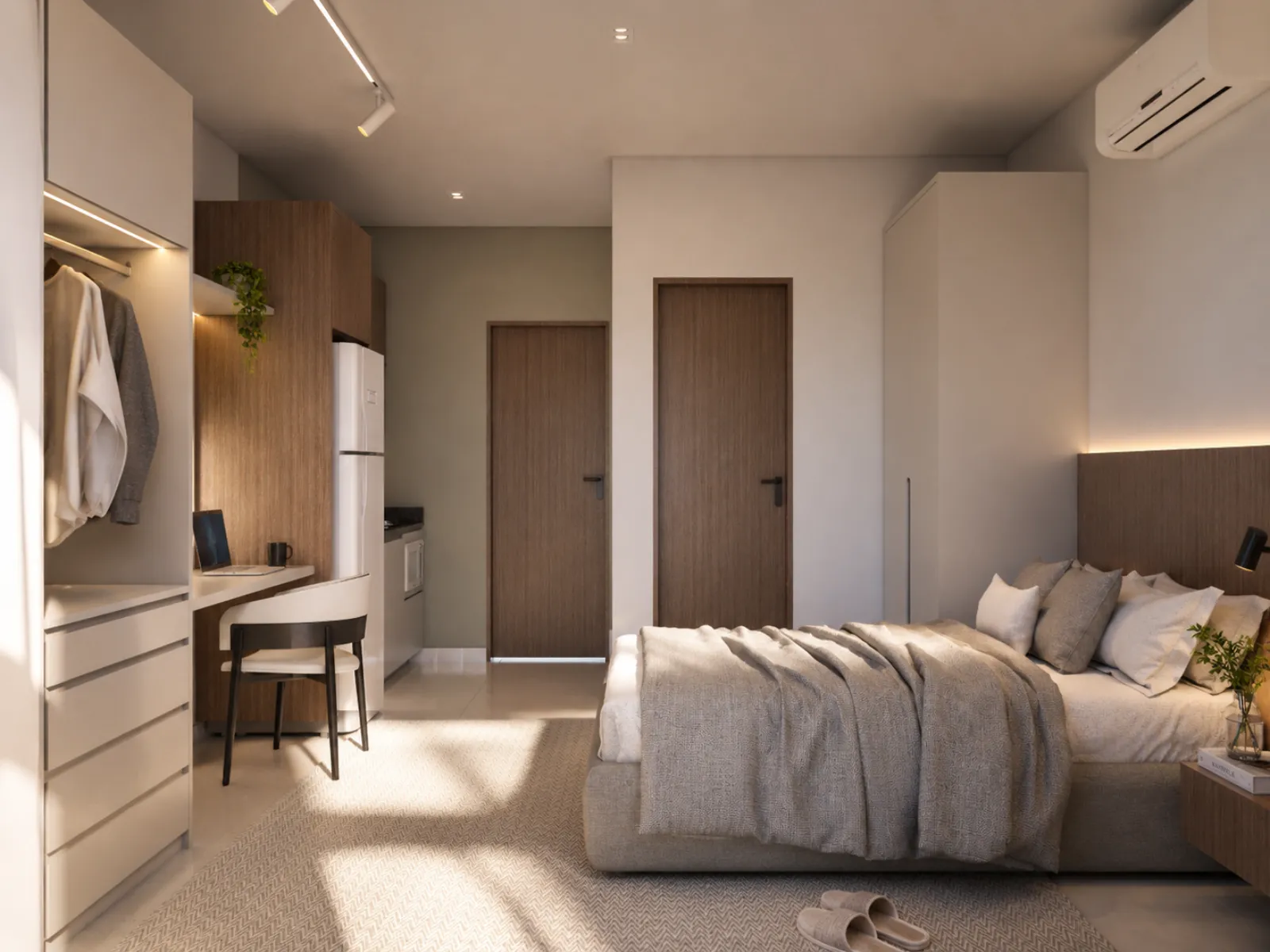 Studio Stay Tibery com cama, bancada de trabalho, marcenaria e luz natural
