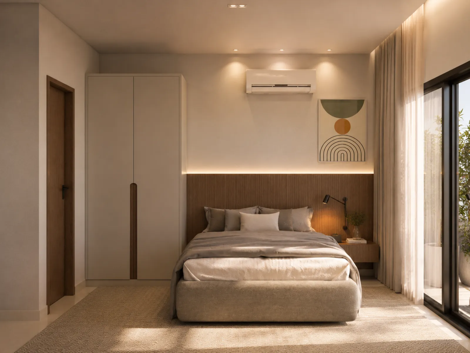 Quarto do studio Stay Tibery com cama, armário, ar-condicionado e janela ampla